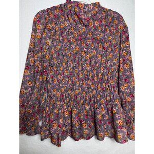 Gracia Womens‎ Floral Long Sleeve Smocked Blouse Large Purple Western Prairie